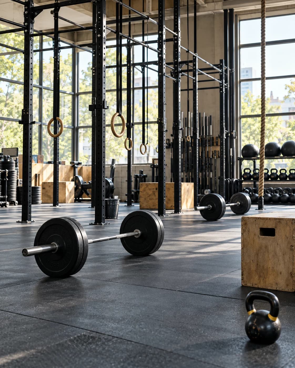 Gimnasio de CrossFit con barras, anillas y equipos de entrenamiento.